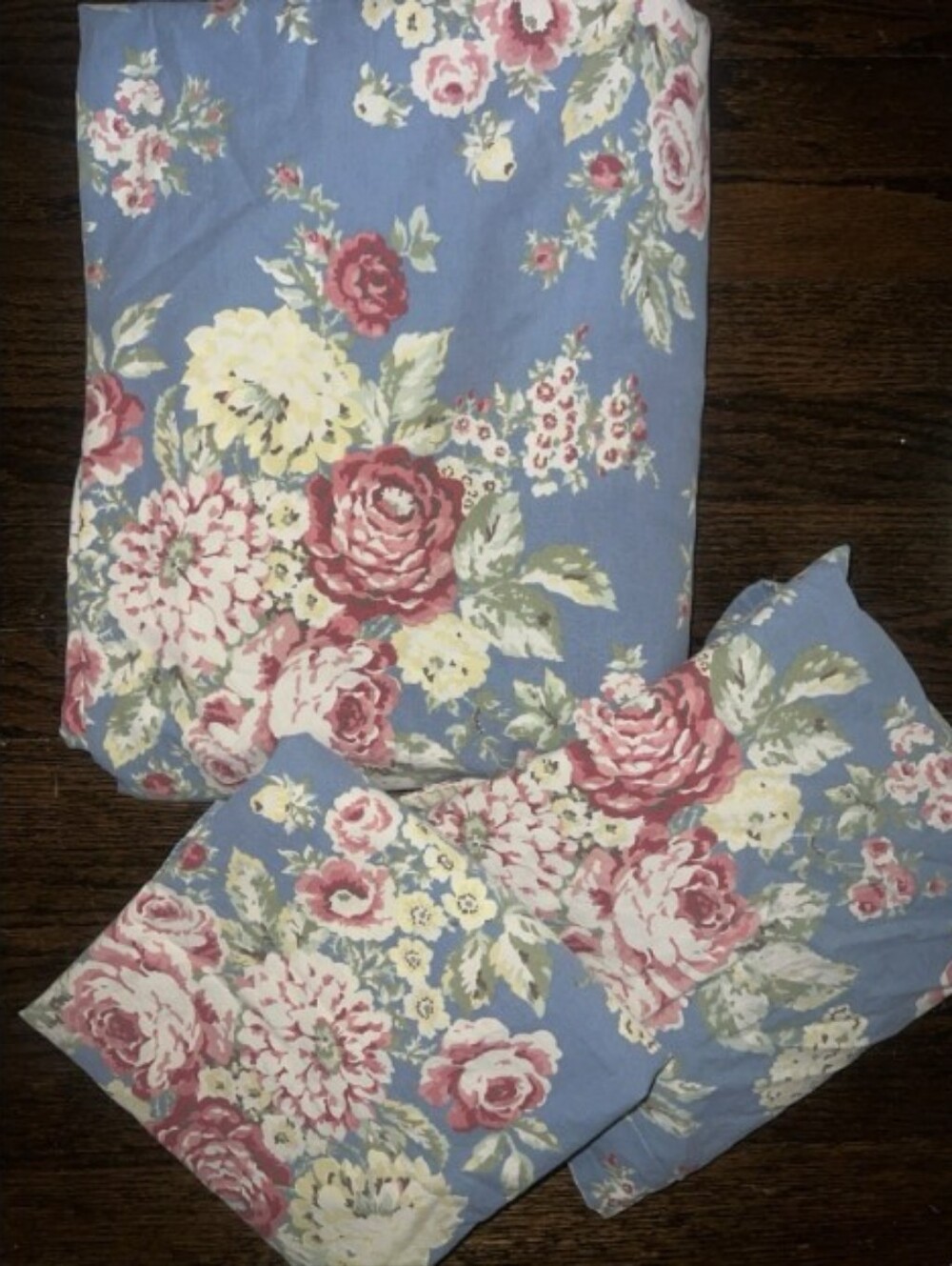 Vintage Eddie Bauer Shabby Chic Blue Floral Bedding Set with Pink & Cream Roses